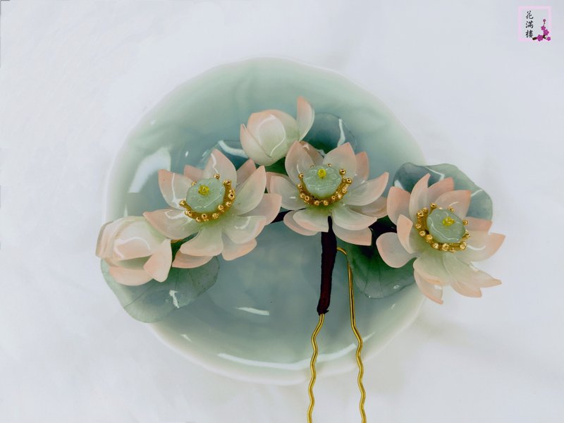 明鏡台 熱縮花蓮花古風髮簪髮釵髮飾漢服旗袍配件 - 髮圈/髮夾 - 其他材質 粉紅色