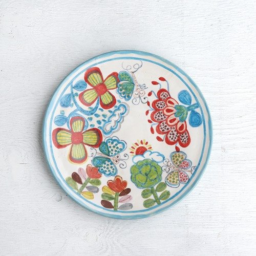 春信工房JAPAN 黃色い花と蝶絵の平皿
