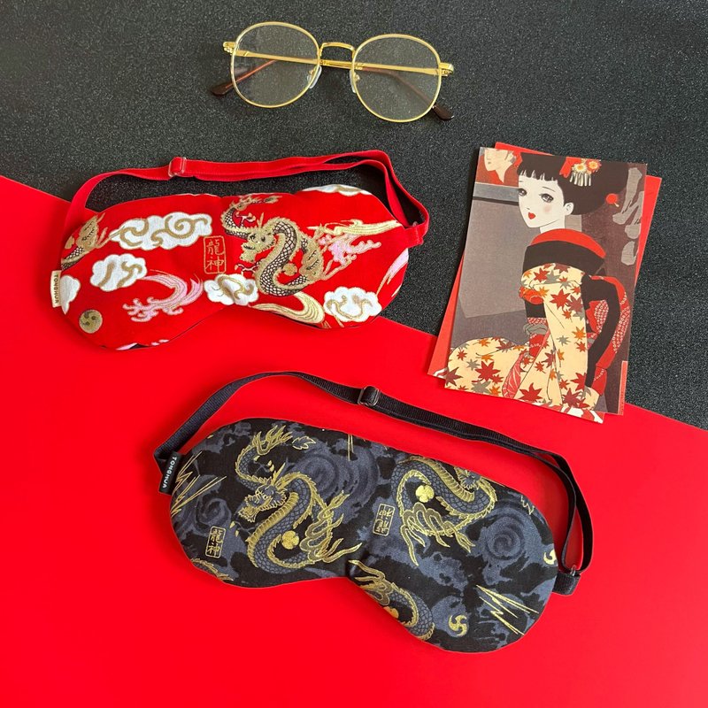 Handmade organic cotton eye mask Dragon Shenlong hot stamping black and red cotton cloth adjustable length to aid sleep and shading - ผ้าปิดตา - ผ้าฝ้าย/ผ้าลินิน สีดำ