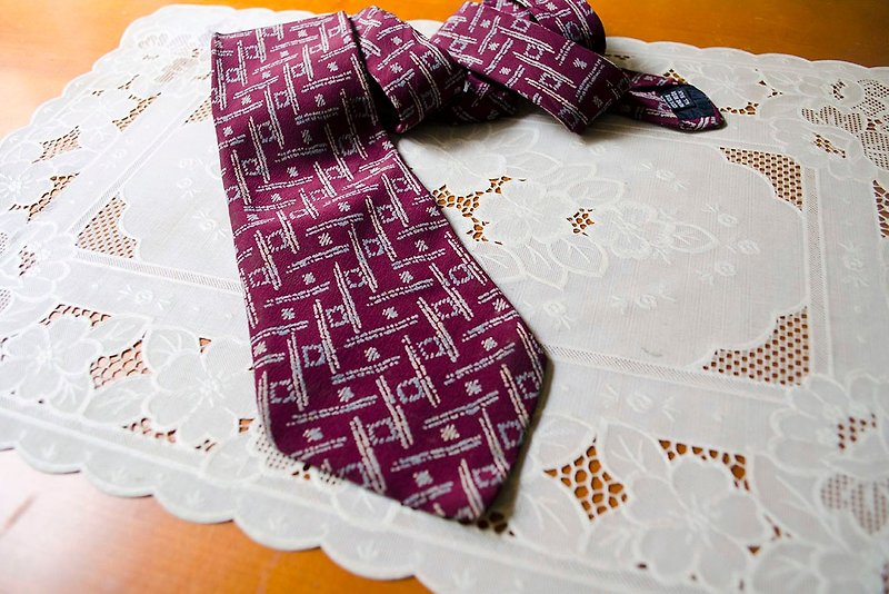 暗紅幾何線條印花真絲窄版領帶 Lancel Paris #Vintage莞洱古著 - 領帶/領帶夾 - 絲．絹 紅色