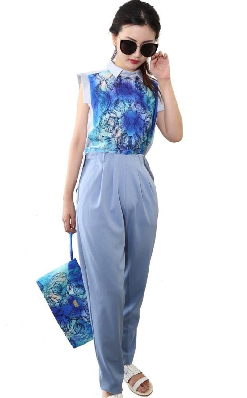 Hong Kong designer brand BLIND by JW elegant high waist trousers (water) - Women's Pants - Polyester Blue