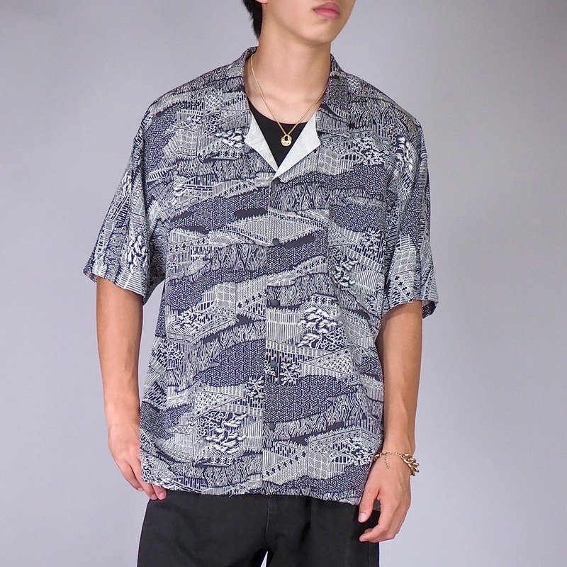 【日本製造】復古絲綢和服復刻版、男士 ML 襯衫、半袖、按扣 - 男襯衫/休閒襯衫 - 絲．絹 黑色