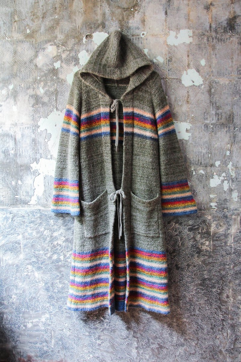 袅袅 department store-Vintage color striped knit hooded long sweater coat retro - เสื้อสูท/เสื้อคลุมยาว - วัสดุอื่นๆ 