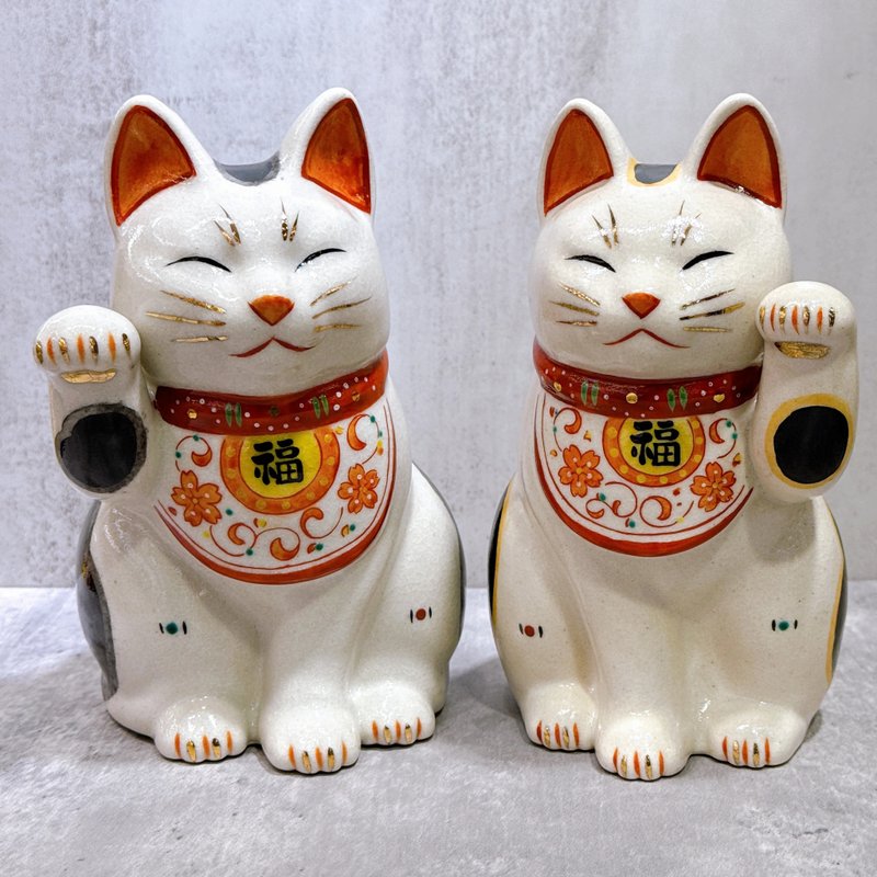 【吉祥安然】日本陶彩万福唐草招財貓  |  大號 一對 - 擺飾/家飾品 - 瓷 白色