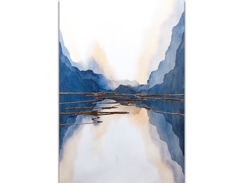 Mountain Painting Indigo Original Art Landscape Watercolor Lake Abstract Art - Posters - Paper Blue