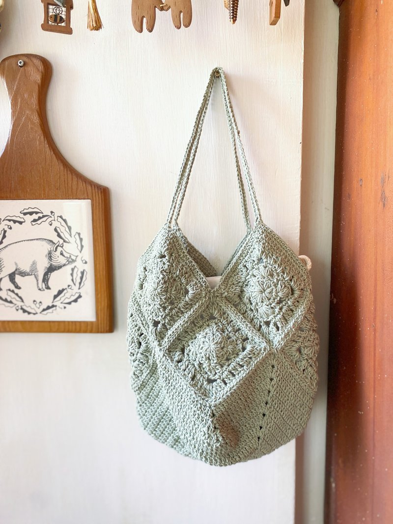 【Good Day Handmade】Handmade. Handmade Korean cotton thread grandmother check woven light green square bottom handbag - กระเป๋าถือ - ผ้าฝ้าย/ผ้าลินิน สีเขียว