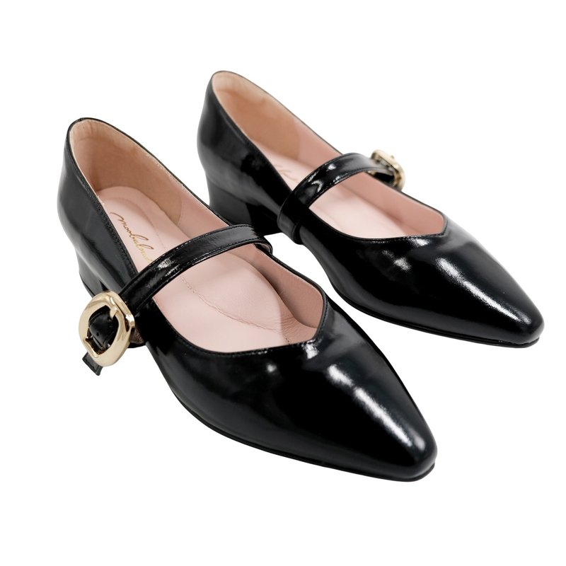 Actress Pointed Hair Oil Wax Mary Jane—Mirror Black Emma Woodhouse 2024S2 - Women's Leather Shoes - Genuine Leather Black