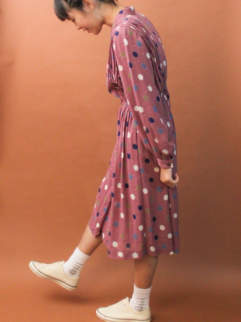 復古秋冬普普風可愛圓點點藕紫粉長袖古著洋裝 Vintage Dress - 洋裝/連身裙 - 聚酯纖維 紫色