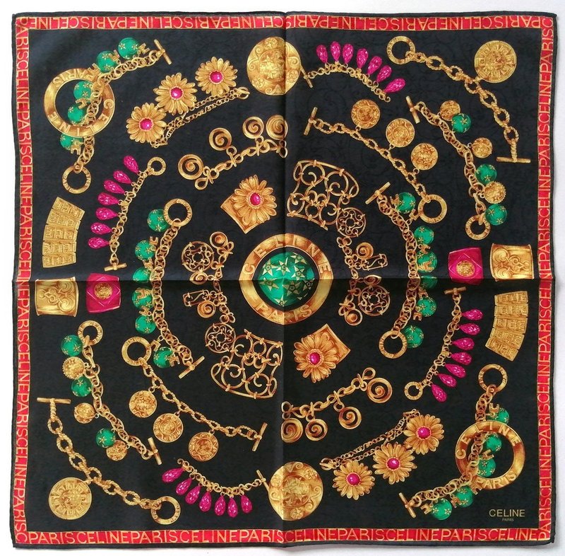Celine Paris Vintage Handkerchief Antique Luxury Jewelry 21 x 20 inches - ผ้าเช็ดหน้า - ผ้าฝ้าย/ผ้าลินิน สีดำ