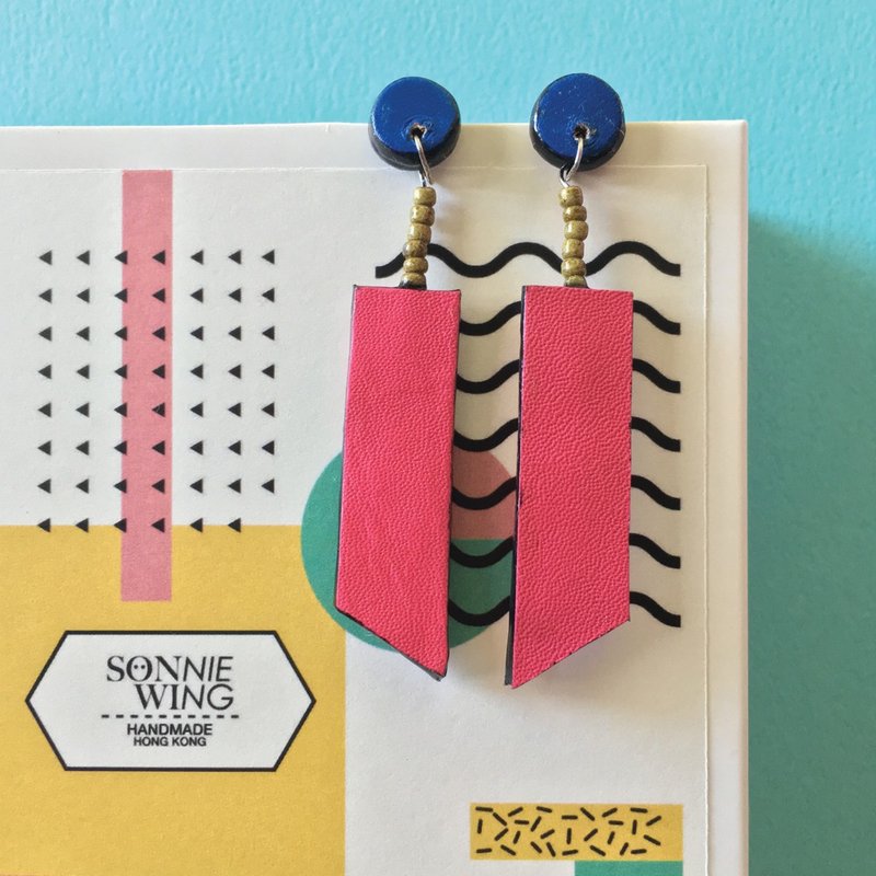 Long Shape Stud Leather Earrings - ต่างหู - หนังแท้ สึชมพู