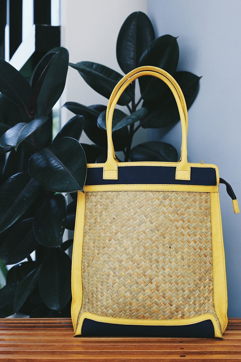 Mini Tote Bag-Krajood Hand Weaving-Yellow Leather - Handbags & Totes - Genuine Leather Yellow