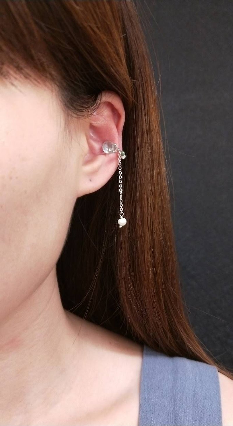 earring. Aquamarine*Pearl Stainless Steel Ear Bone Clip - ต่างหู - เครื่องเพชรพลอย สีน้ำเงิน