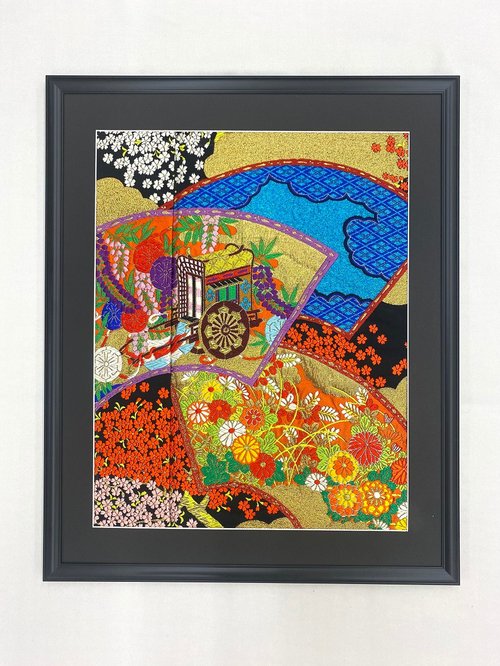 miyabi-kimonoart きものアート14 vintage fabric 色鮮やかな扇の縁起が良い贈物 壁掛け 和モダンインテリア 引越新築祝い