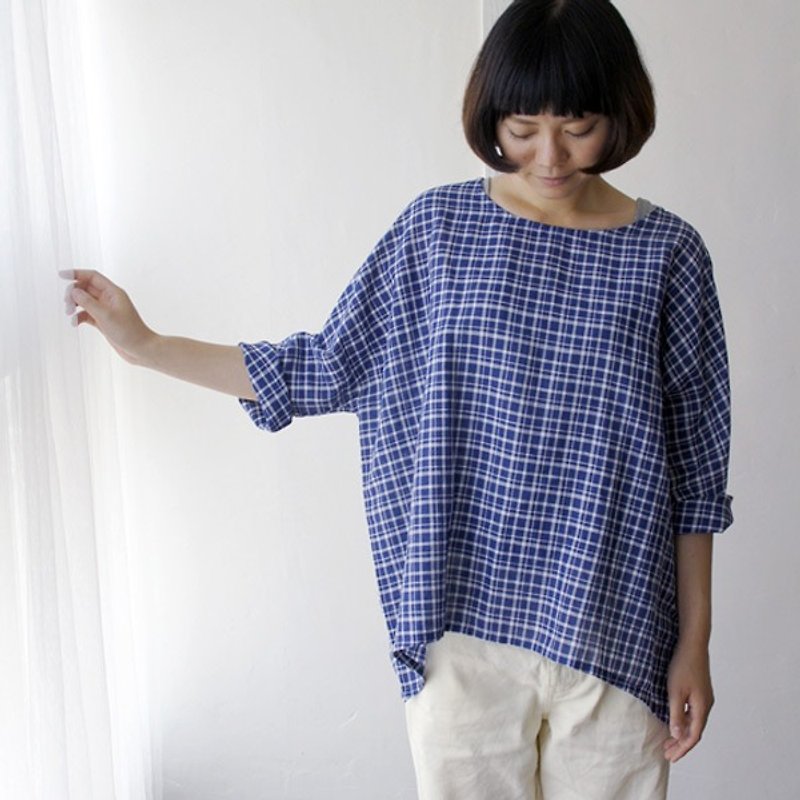 SALE30% OFF [armoire *] cotton linen check three-quarter sleeve T-line pullover [gnm-15] - เสื้อผู้หญิง - ผ้าฝ้าย/ผ้าลินิน 