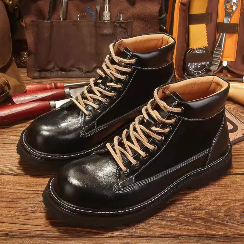 Genuine Leather Ankle Military Treking Tactical Boots Outdoor Men Work Shoes - Men's Boots - Genuine Leather Black