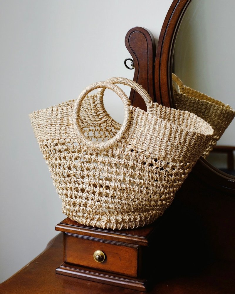 NESS CRAFT Linen bag/rattan woven/rattan woven bag/beach/rattan woven handbag - Handbags & Totes - Cotton & Hemp Multicolor