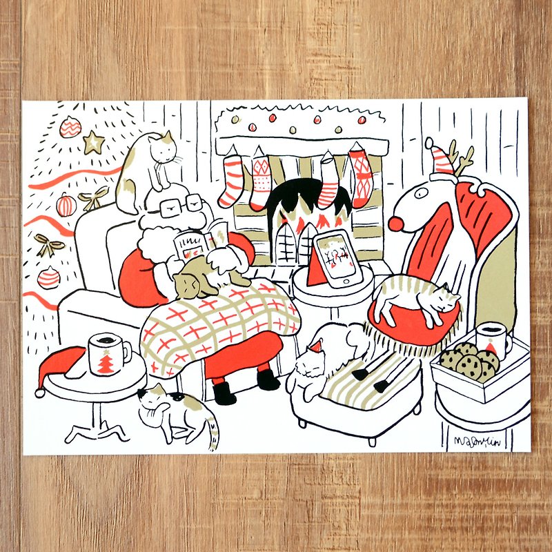 聖誕卡-2018聖誕老人與麋鹿日常明信片15號:  貓屋 - 卡片/明信片 - 紙 金色