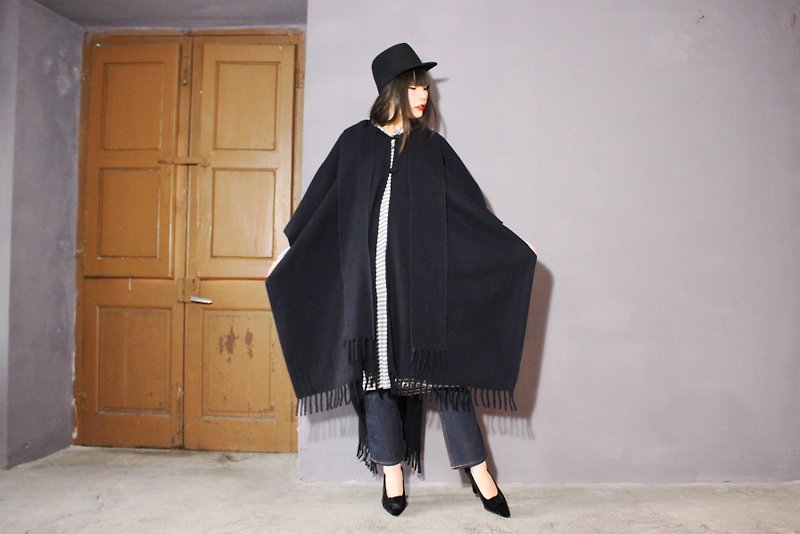 [Vintage cape] (Made in Italy) Deep blue wool large wave design Vintage cloak coat F3102 (Christmas gift) - Women's Casual & Functional Jackets - Wool Blue