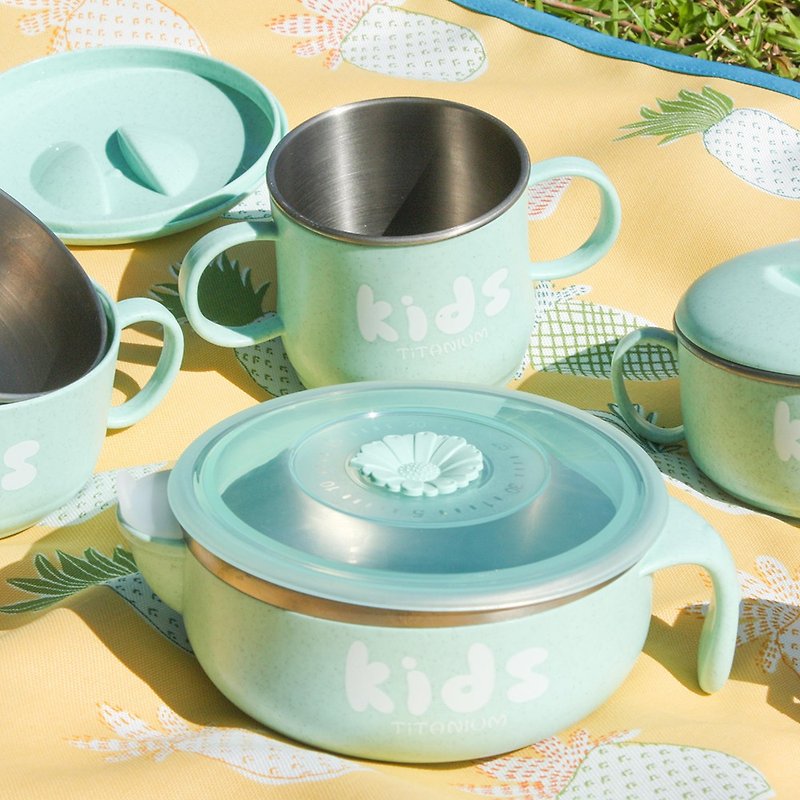 其他材質 寶寶/兒童餐具/餐盤 綠色 - 純鈦兒童學習杯注水碗兩件組(雙層 雙耳杯+注水碗)-薄荷綠