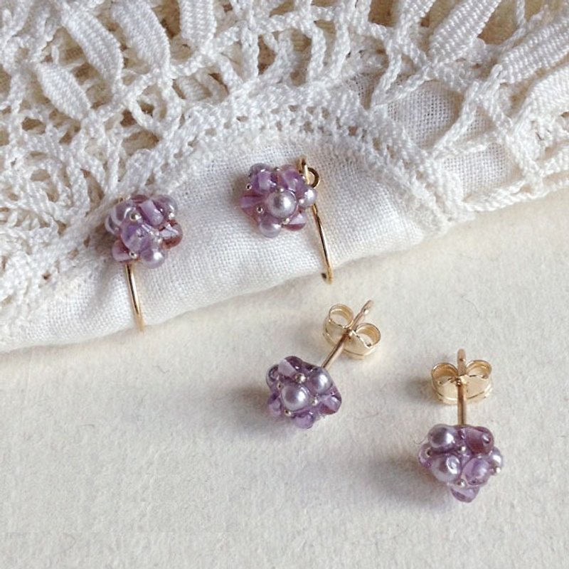 14kgf small amethyst and vintage glass grains of pebbly pierced OR ear clip 338 - Earrings & Clip-ons - Gemstone Purple