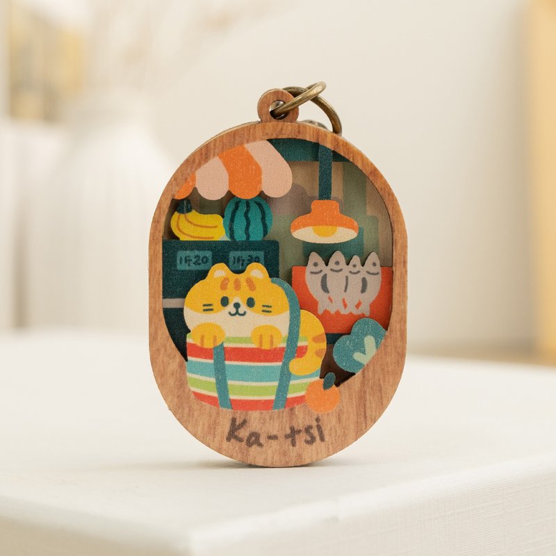 【微風景小物鏡-喵喵茄芷袋】台灣紀念品 / 吊飾 / 個人配件 - 鑰匙圈/鑰匙包 - 木頭 多色