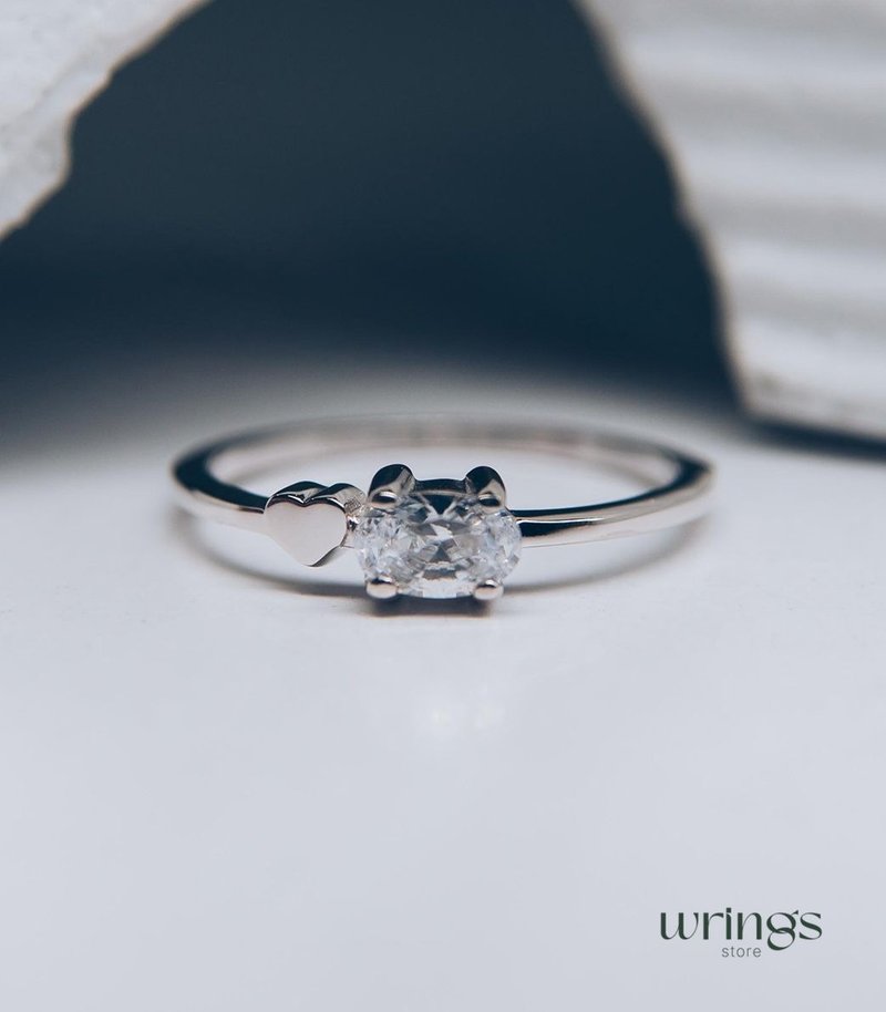 Delicate Oval Stone CZ Simulated Diamond Engagement Ring Silver Tiny Side Heart - General Rings - Silver 