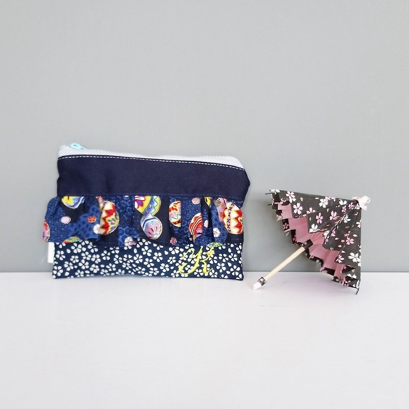 Ruffle Zippered Pouch (Japanese style flower x Dk Blue) | Customized Embroidery - Toiletry Bags & Pouches - Cotton & Hemp Blue