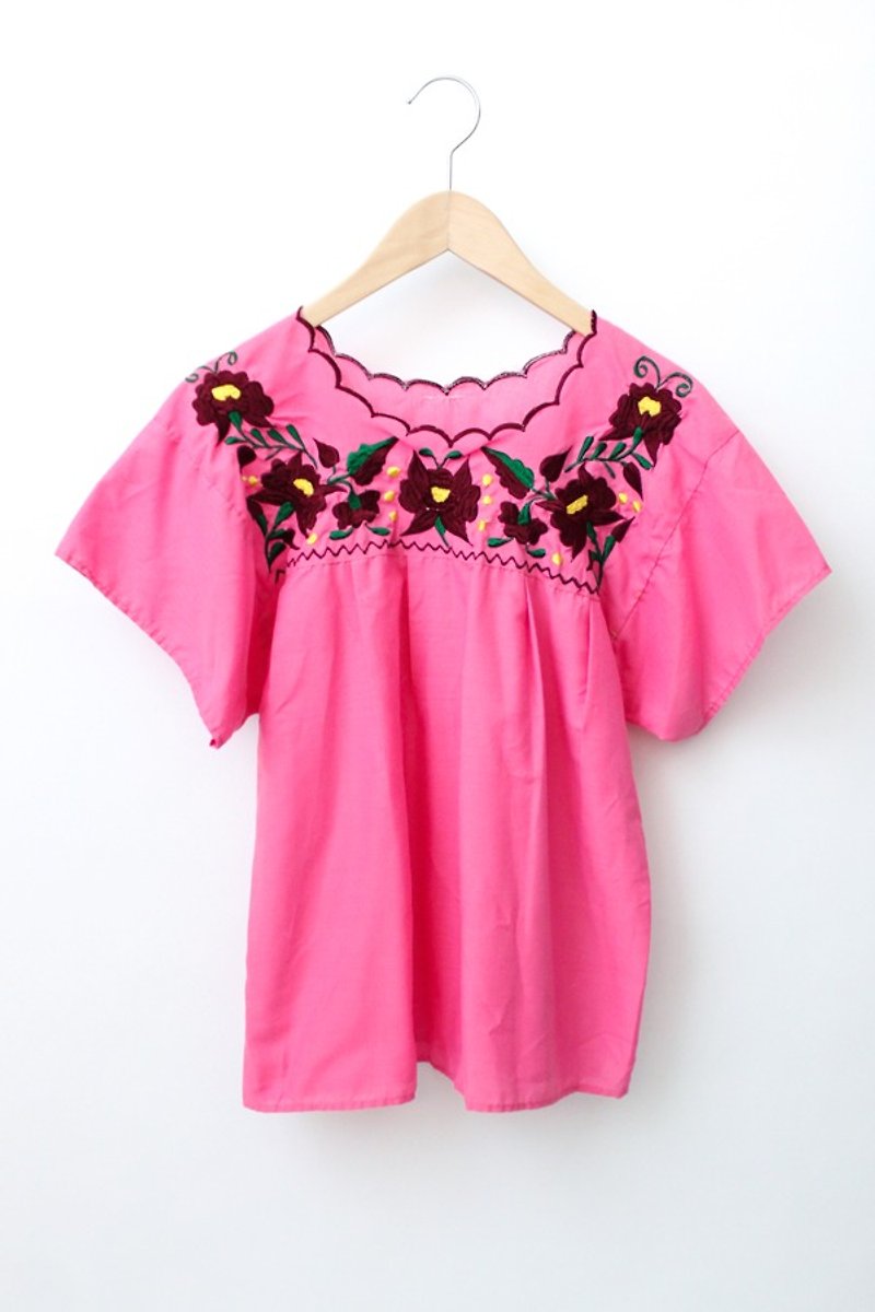 [] US Air RE0706MT012 pink bottom Mexican embroidered vintage blouse - เสื้อผู้หญิง - ผ้าฝ้าย/ผ้าลินิน สึชมพู