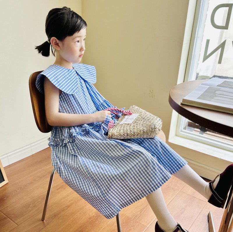 Literary retro blue plaid big collar dress/skirt children's clothing - กระโปรง - ผ้าฝ้าย/ผ้าลินิน สีน้ำเงิน