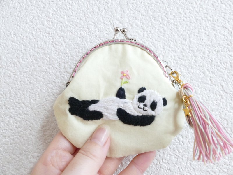 Embroidery mini petite Panda yellow X mint gold with tassel - Coin Purses - Cotton & Hemp Pink