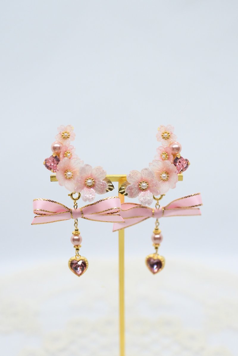 2 ways Weeping Sakura Swarovski Love Crystal Bow Clip-On - Earrings & Clip-ons - Other Materials Pink