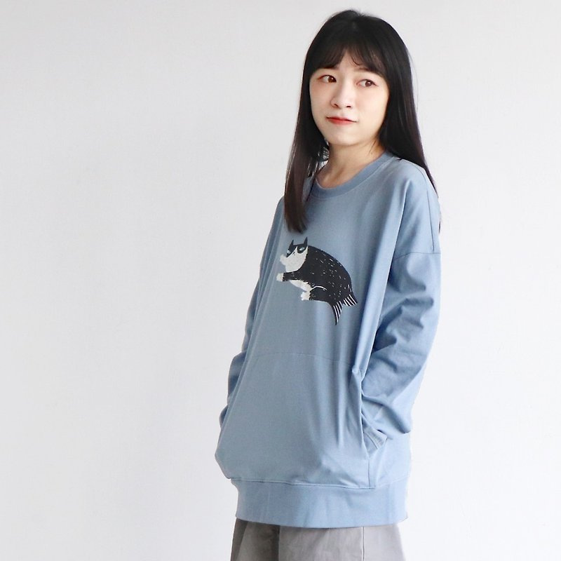 Wen Wen fishcat - long sleeves shirt - Women's Tops - Cotton & Hemp Blue