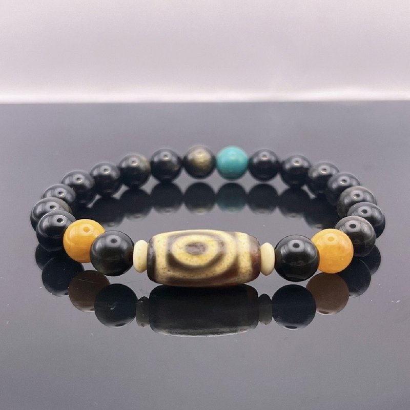 Two-eyed Agate Dzi Beads & Topaz & 8mm Obsidian Stone Bead Bracelet - Bracelets - Other Materials 