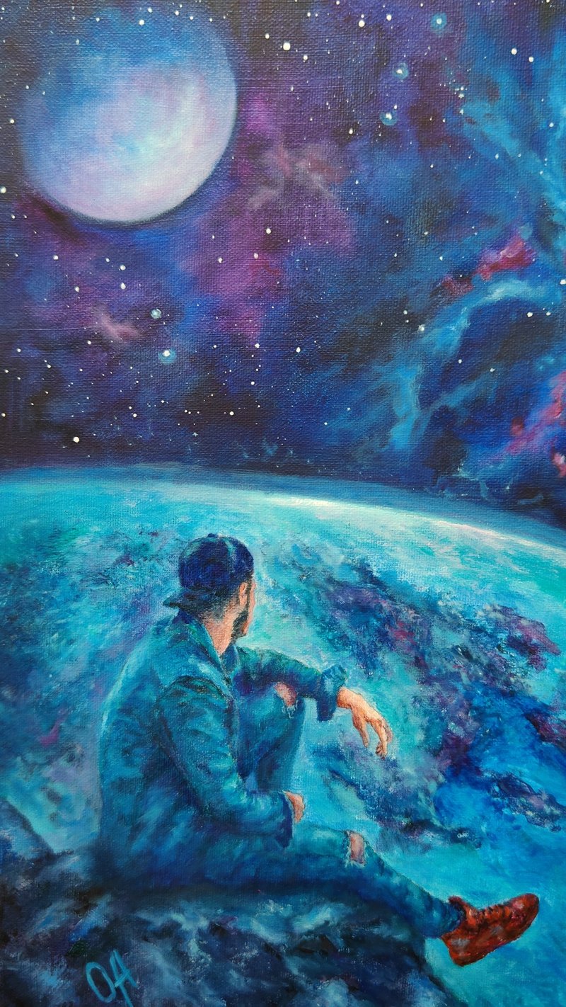 原創油畫宇宙之夢。星星和行星。 - 海報/掛畫/掛布 - 棉．麻 藍色