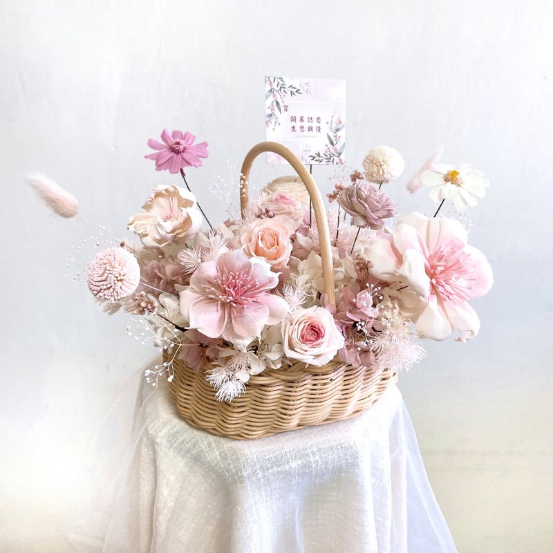 Dry preserved flower basket for opening potted plants, promotion, housewarming, moving into a house, birthday, Mother's Day flower gift - ช่อดอกไม้แห้ง - พืช/ดอกไม้ สึชมพู