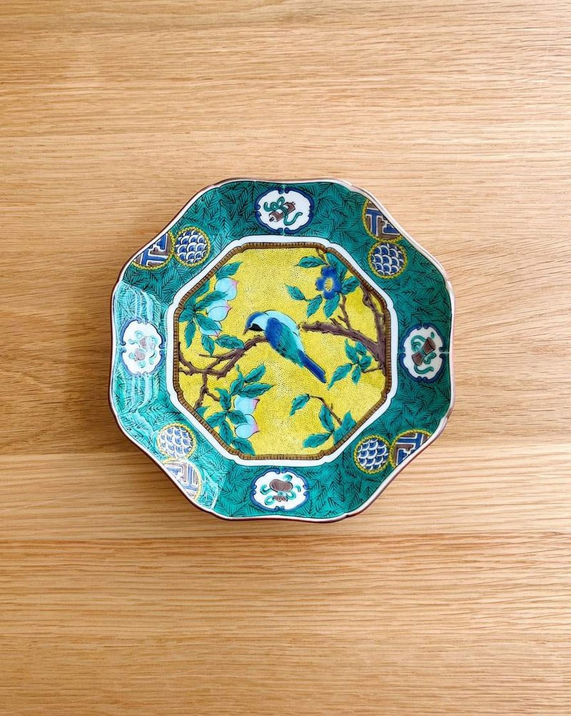 style octagonal plate with peach blossoms and birds (15cm) - Plates & Trays - Pottery Green