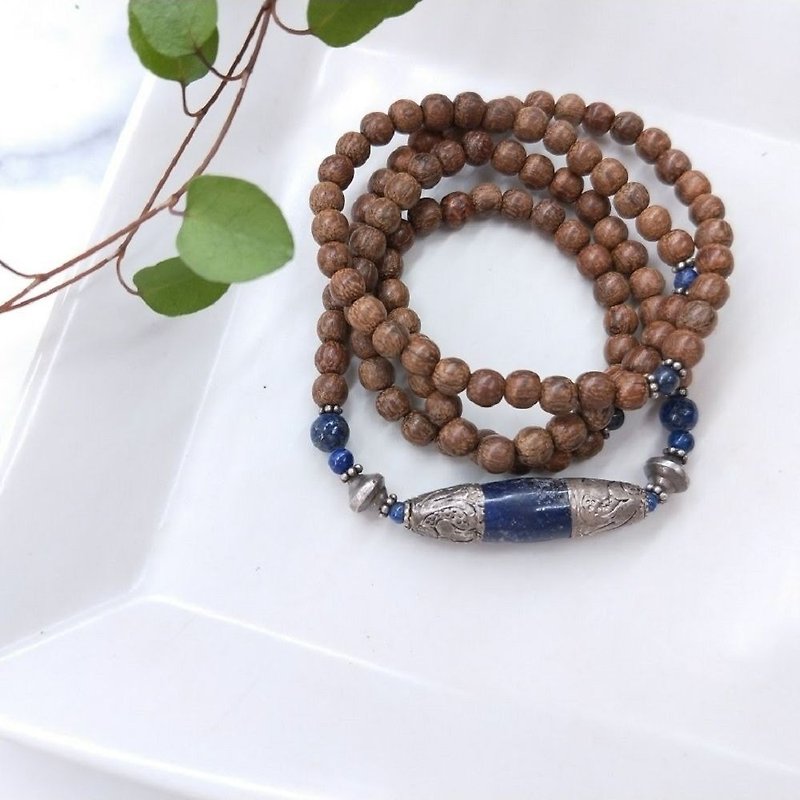 【108 rosary series】 lapis lazuli silver inlay * Red sand meditation beads multi-turn string - Bracelets - Wood Brown