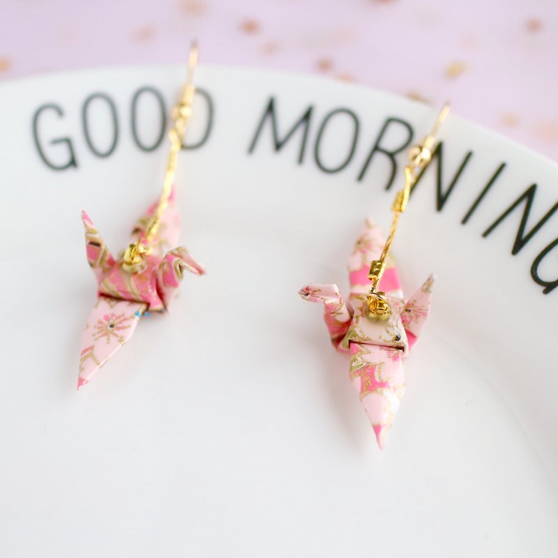 18kgf waterproof pink cherry paper crane long earrings birthday gift Valentine - Earrings & Clip-ons - Paper Pink