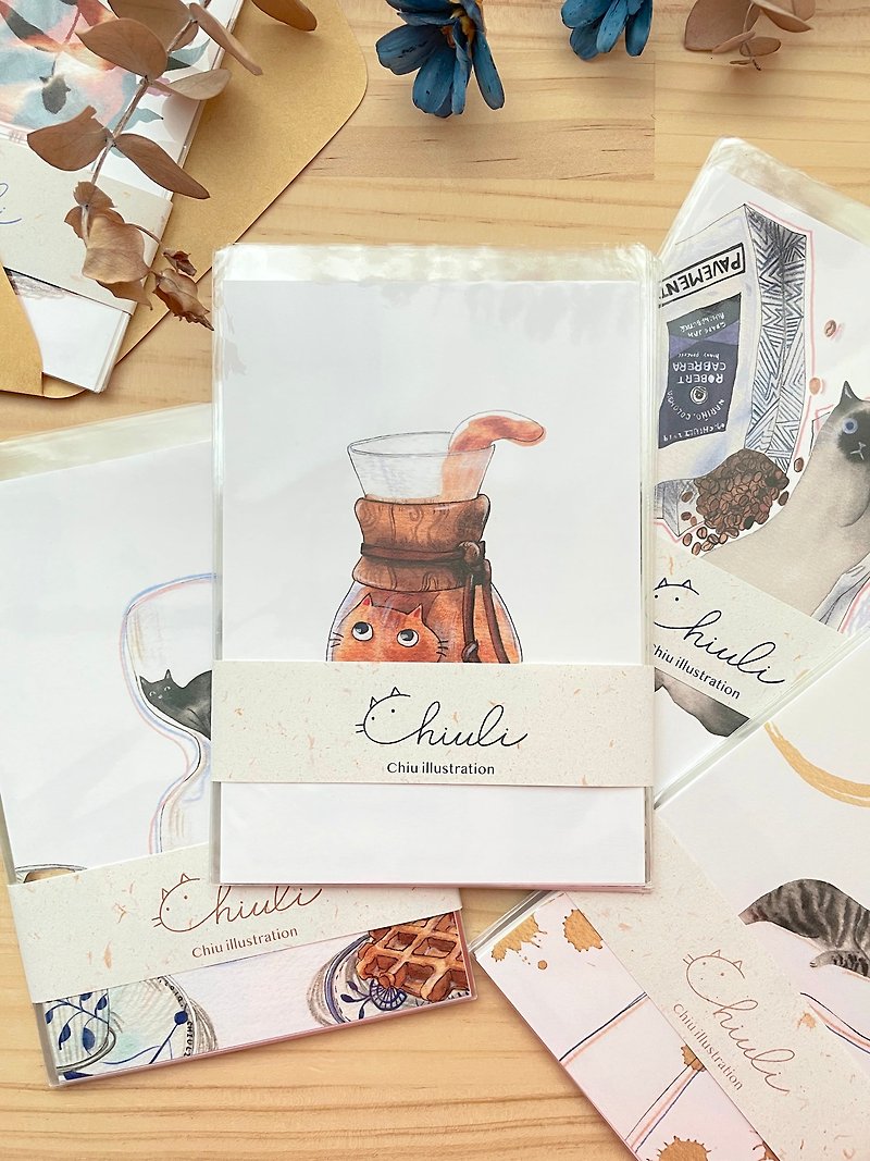 Hand-painted coffee and cat series postcard set 8 pieces - การ์ด/โปสการ์ด - กระดาษ 