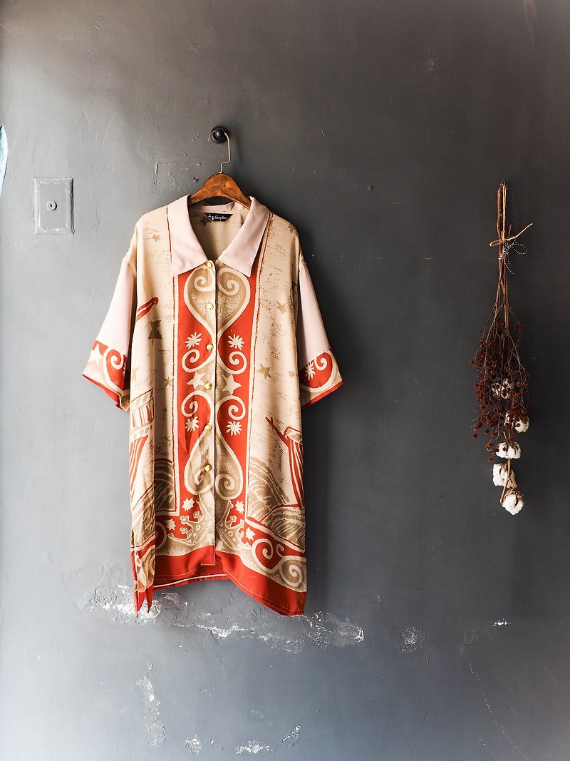 Kawamiyama - Fukui Milk Tea Love Citrus Red Totem Long Antique Silk Spinning Shirt Shirt shirt oversize vintage - Women's Shirts - Polyester Khaki