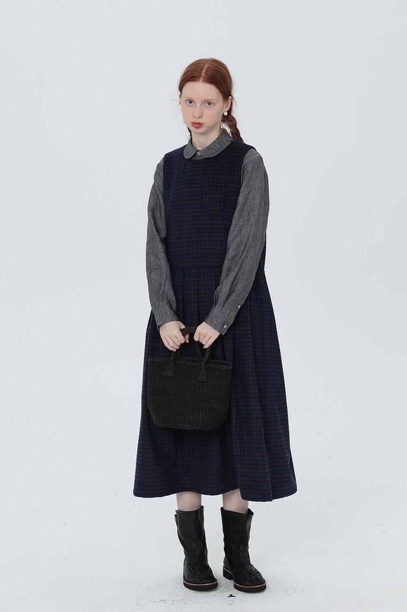 Retro blue small plaid college style versatile dress for autumn and winter - One Piece Dresses - Wool Multicolor