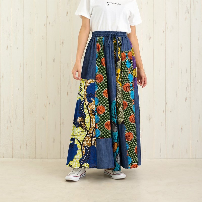 [Popular pre-order] Vibrant stitching African print denim plain long skirt (2 colors) 11724-250-03~04 - กระโปรง - ผ้าฝ้าย/ผ้าลินิน 