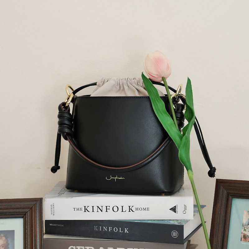Fuji Bucket Bag in Charcoal Black - Drawstring Bags - Genuine Leather Black