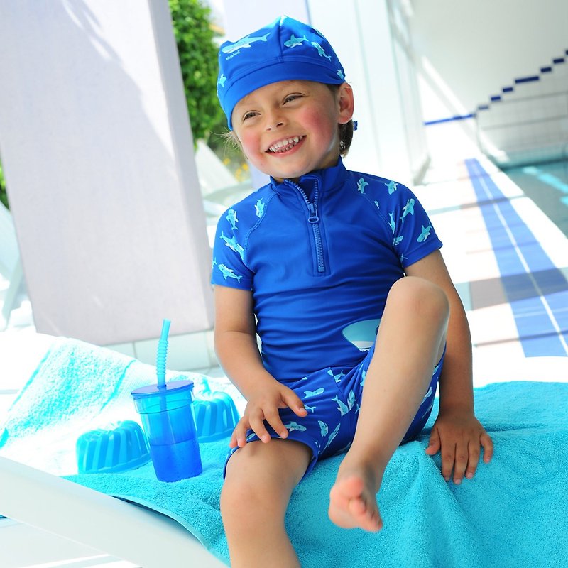 德國PlayShoes 抗UV防曬短袖兩件組兒童泳裝-鯊魚 - 嬰兒/兒童泳衣 - 尼龍 藍色