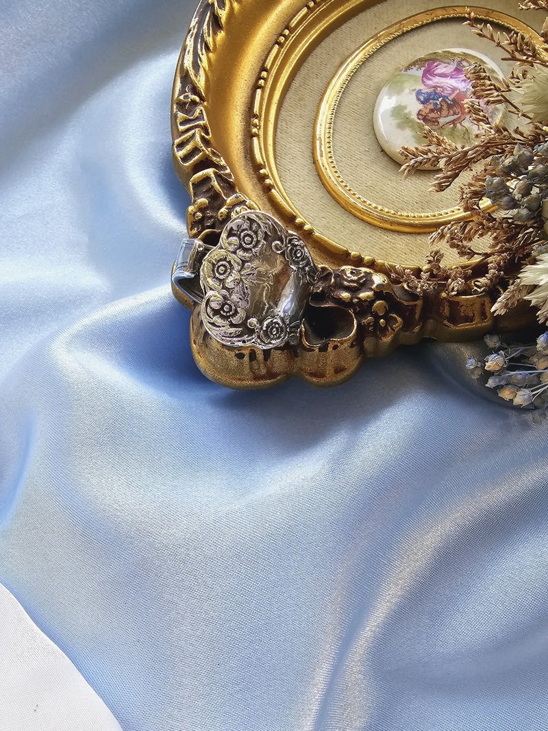 勺環花卉渦紋藤蔓壓紋鍍銀復古戒指/早期珠寶首飾vintage西洋古董 - 戒指 - 其他金屬 