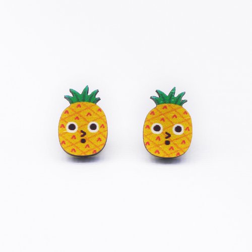 Minifanfan Cute Pineapple 可愛鳳梨木製耳環 原創插畫耳環 耳針無耳洞耳夾