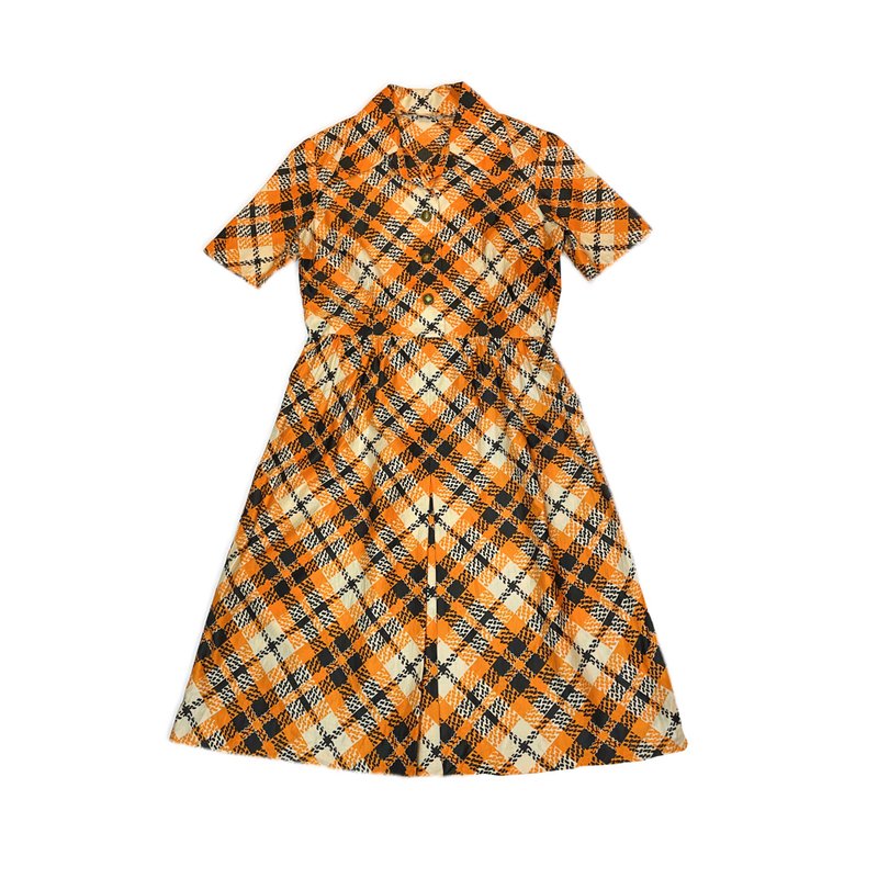 70s sword collar chrysanthemum black check dress - ชุดเดรส - วัสดุอื่นๆ หลากหลายสี