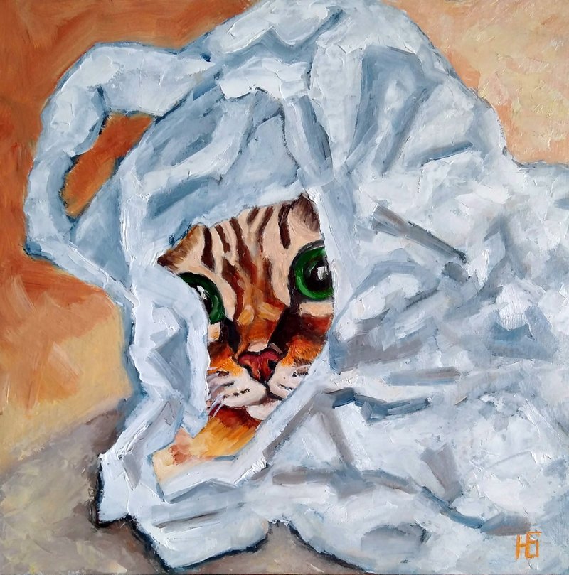 Kitten Original Oil Painting, Funny Cat Portrait, Pet Wall Art, Small Picture - โปสเตอร์ - วัสดุอื่นๆ หลากหลายสี