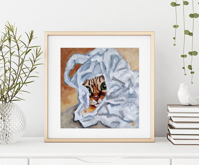 子猫のオリジナルの油絵 面白い猫の肖像画 ペットの壁の芸術 小さな絵 ショップ Coloredcatsart ポスター 絵 Pinkoi