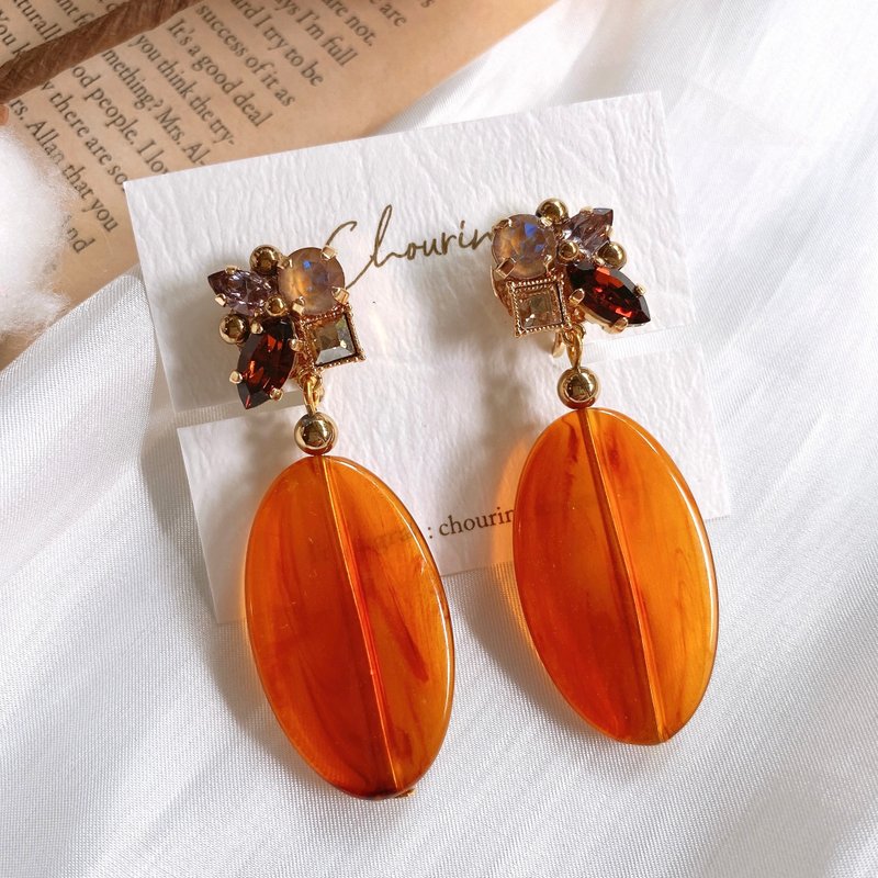 Brown bijou and Italian tortoiseshell Clip-On, pierced earrings - ต่างหู - แก้ว สีนำ้ตาล